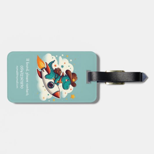 かわいい宇宙カウボーイ恐竜乗りロケット ラゲッジタグ (裏面横)