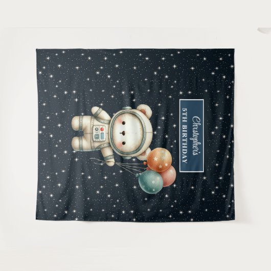 かわいい宇宙クマの背景を描く男の子の誕生日パーティー タペストリー (正面(横))