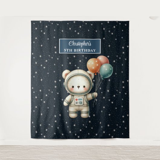 かわいい宇宙クマの背景を描く男の子の誕生日パーティー タペストリー (正面)