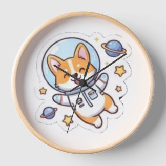 かわいい宇宙コーギー宇宙飛行士 壁掛け時計 | 楽しい犬のデザイン 壁時計