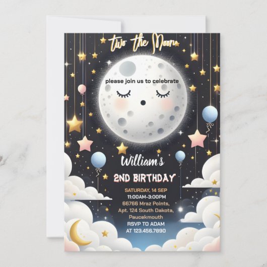 かわいい宇宙ナイトスカイ2月2日の誕生日 招待状 (正面)