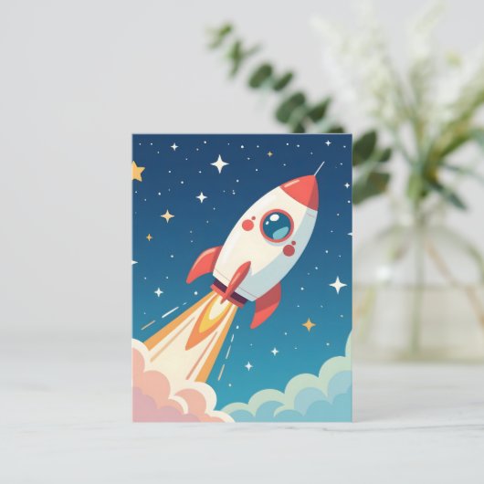 かわいい宇宙ロケットが打ち上がる ポストカード (スタンド正面)