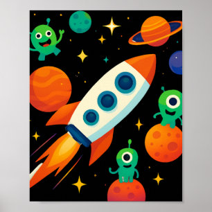 かわいい宇宙ロケットとエイリアンのアート ポスター