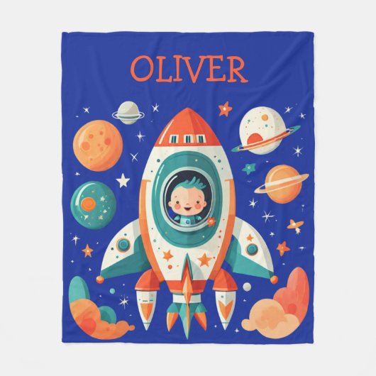かわいい宇宙ロケットと宇宙飛行士パーソナライズされた フリースブランケット (正面)