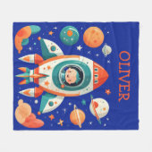 かわいい宇宙ロケットと宇宙飛行士パーソナライズされた フリースブランケット (正面(横))