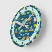 かわいい宇宙ロケットと宇宙飛行士 ラウンド壁時計 (傾斜)