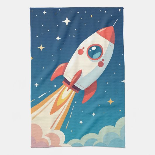 かわいい宇宙ロケットの打ち上げ キッチンタオル (縦)