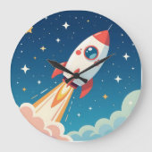 かわいい宇宙ロケットの打ち上げ ラージ壁時計 (正面)