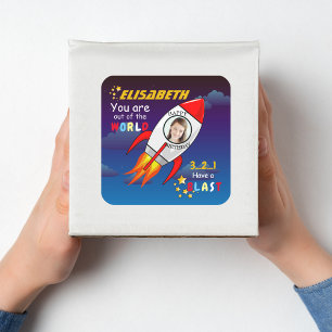 かわいい宇宙ロケット船ブラストオフ誕生日 スクエアシール