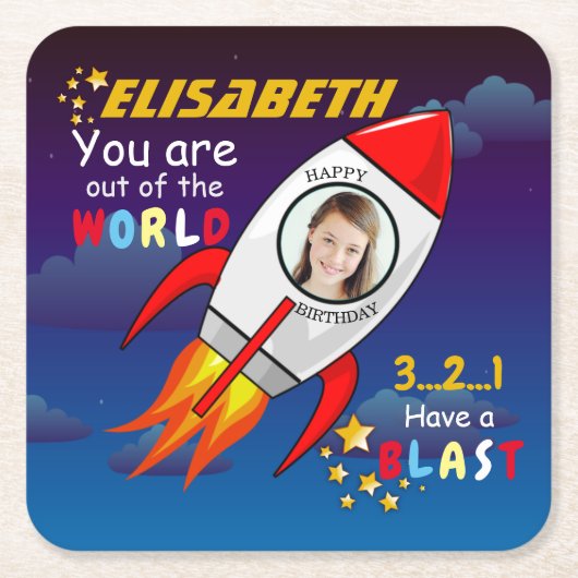 かわいい宇宙ロケット船ブラストオフ誕生日 スクエアペーパーコースター (正面)
