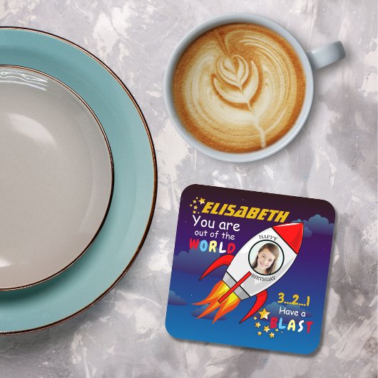 かわいい宇宙ロケット船ブラストオフ誕生日 スクエアペーパーコースター
