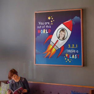 かわいい宇宙ロケット船ブラストオフ誕生日 ポスター
