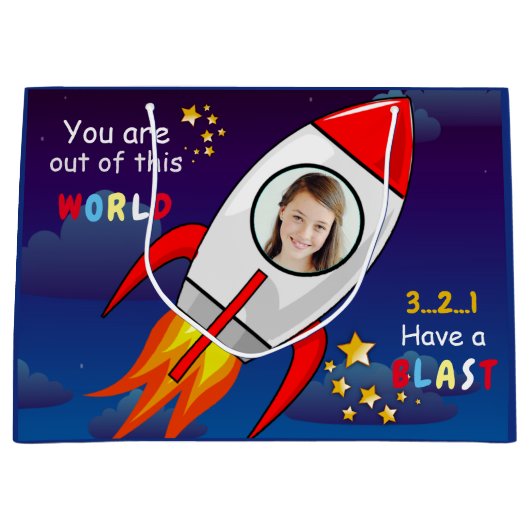かわいい宇宙ロケット船ブラストオフ誕生日 ラージペーパーバッグ (正面)
