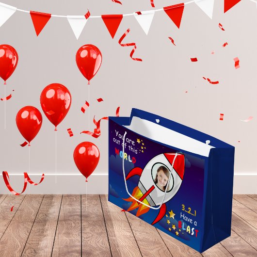 かわいい宇宙ロケット船ブラストオフ誕生日 ラージペーパーバッグ