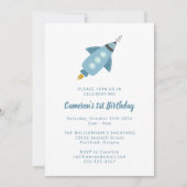 かわいい宇宙ロケット船ブルー1st誕生日パーティー 招待状 (正面)