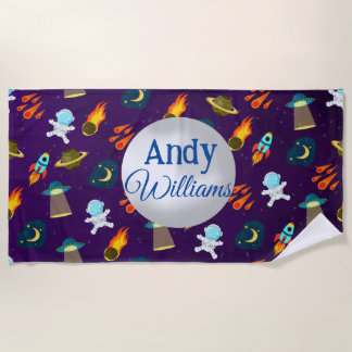 かわいい宇宙宇宙飛行士ロケットパターン ビーチタオル