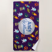 かわいい宇宙宇宙飛行士ロケットパターン ビーチタオル (正面)