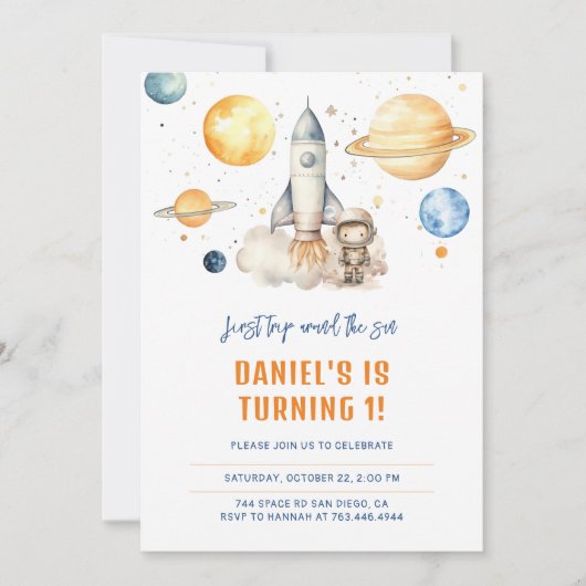 かわいい宇宙惑星ボーイファースト誕生日 招待状 (正面)