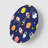 かわいい宇宙探検キッズ柄 ラウンド壁時計 (傾斜)
