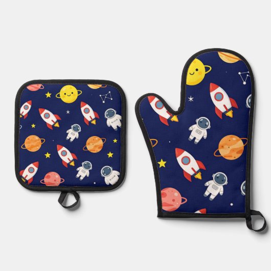 かわいい宇宙探検家の子供パターン 鍋つかみ&鍋敷きセット (正面)