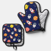 かわいい宇宙探検家の子供パターン 鍋つかみ&鍋敷きセット (正面/裏面)