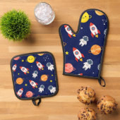 かわいい宇宙探検家の子供パターン 鍋つかみ&鍋敷きセット (トップダウン)
