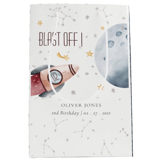 かわいい宇宙星空の惑星Any Age誕生日 ミディアムペーパーバッグ (正面)