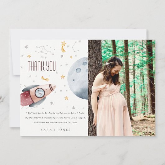 かわいい宇宙星空ロケット惑星ベイビーシャワー サンキューカード (正面)