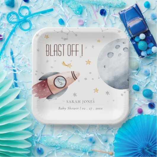 かわいい宇宙星空ロケット赤ちゃんシャワー ペーパープレート (パーティー)
