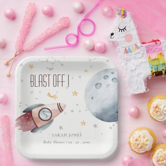 かわいい宇宙星空ロケット赤ちゃんシャワー ペーパープレート (パーティー)