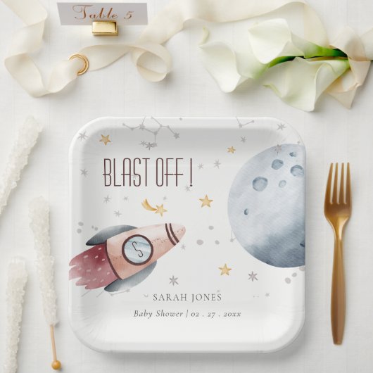 かわいい宇宙星空ロケット赤ちゃんシャワー ペーパープレート (ウェディング)