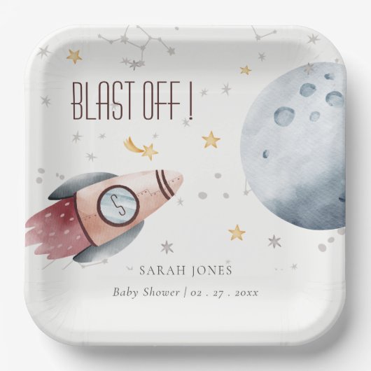 かわいい宇宙星空ロケット赤ちゃんシャワー ペーパープレート (正面)