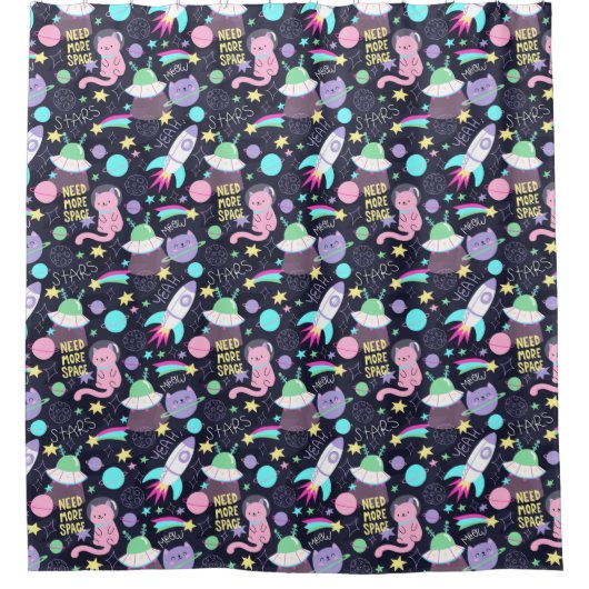 かわいい宇宙猫の柄 シャワーカーテン (正面)