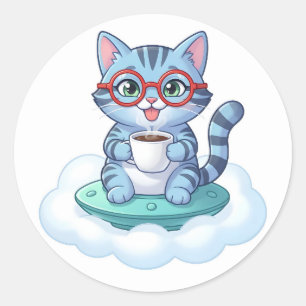 かわいい宇宙船コーヒー猫ステッカー ラウンドシール