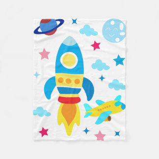 かわいい宇宙船ロケットパターン フリースブランケット