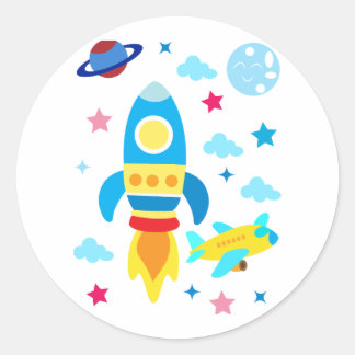 かわいい宇宙船ロケットパターン ラウンドシール