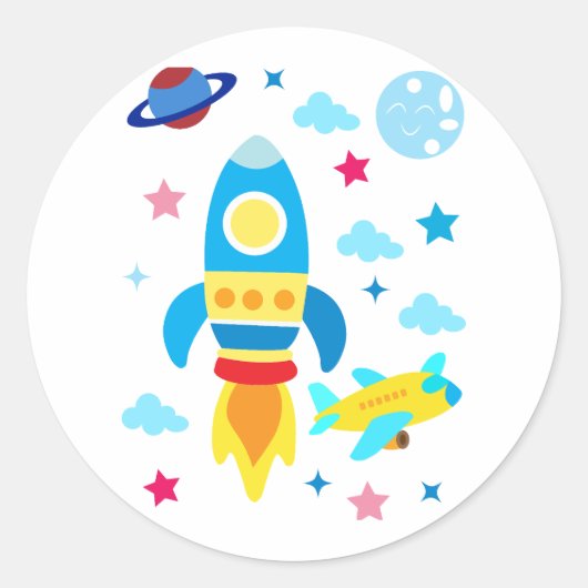 かわいい宇宙船ロケットパターン ラウンドシール (正面)