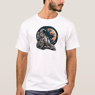 かわいい宇宙飛行士が小惑星に座っているスペースアート Tシャツ