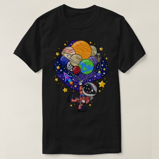 かわいい宇宙飛行士と惑星風船デザイン Tシャツ (デザイン正面)