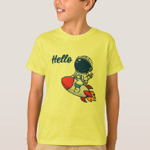 かわいい宇宙飛行士のロケット "こんにちは" キッズTシャツ