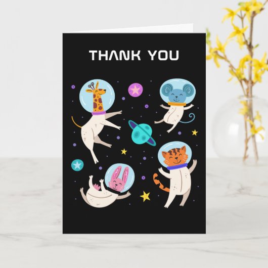 かわいい宇宙飛行士の動物が宇宙に浮かぶ カード (黄色い花)