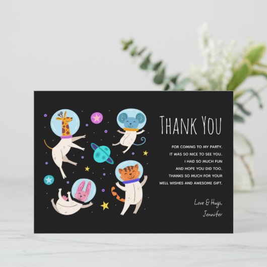 かわいい宇宙飛行士の動物が宇宙に浮かぶ サンキューカード (スタンド正面)