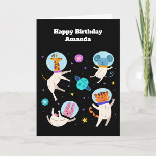 かわいい宇宙飛行士の動物が宇宙誕生日 カード