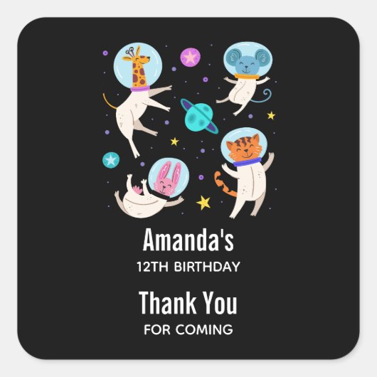かわいい宇宙飛行士の動物が宇宙誕生日 スクエアシール (正面)