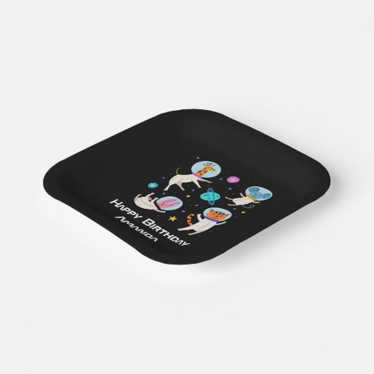 かわいい宇宙飛行士の動物が宇宙誕生日 ペーパープレート (傾斜あり)