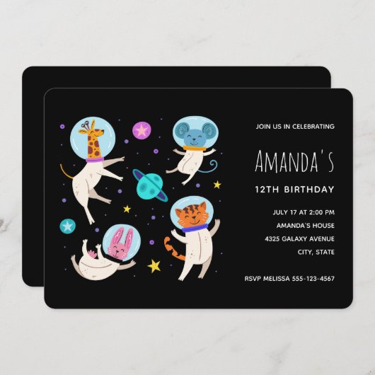 かわいい宇宙飛行士の動物が宇宙誕生日 招待状 (正面/裏面)