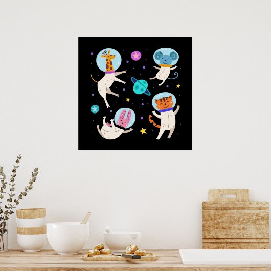 かわいい宇宙飛行士の動物が宇宙 ポスター (キッチン)