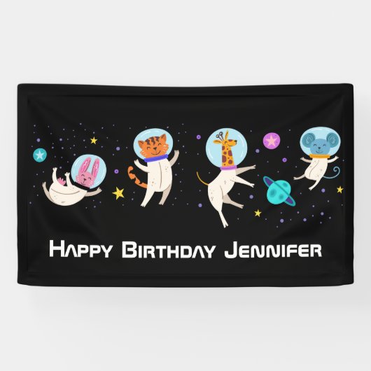 かわいい宇宙飛行士の動物の宇宙誕生日 横断幕 (横)