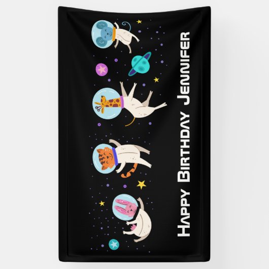 かわいい宇宙飛行士の動物の宇宙誕生日 横断幕 (縦)
