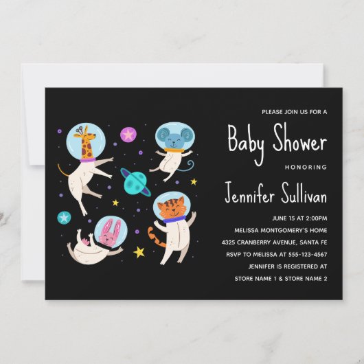 かわいい宇宙飛行士の動物を宇宙の赤ちゃんシャワー 招待状 (正面)